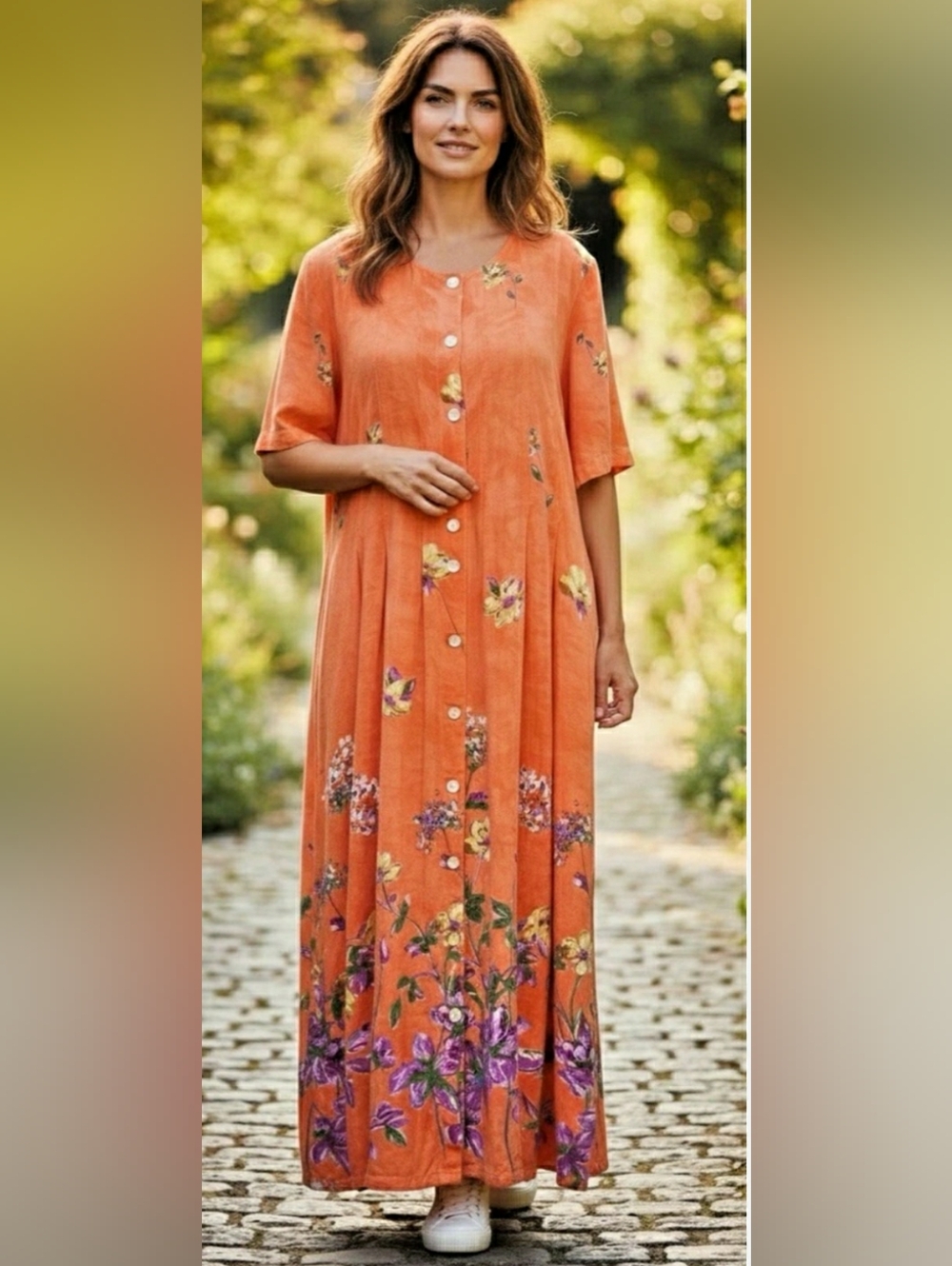 La Cera Orange Floral Rayon button-front maxi dress Short Sleeve Flowy Size 2X